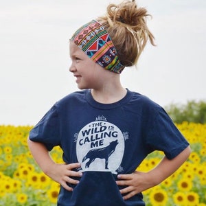 Wanderlust Kids Tee, The Wild is Calling Me Navy Blue Tshirt, Boy's & Girl's Outdoor T-Shirt Clothing Gift, Howl at the Moon Shirt for Kids image 1