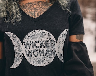 Triple Moon Goddess T-Shirt: Witchy Lunar V-Neck Tee