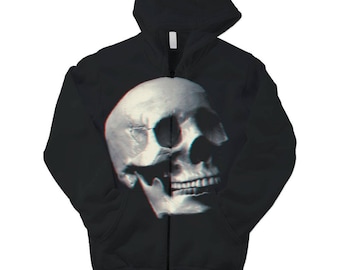 Skull Hooded Sweatshirt, Full Zip Graphic Print Hoodie, Fleece Men's / Women's Unisex Essential Winter Clothing, Black Punk Shirt