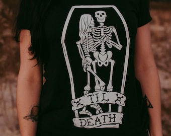 Til Death Women's T-Shirt, Skeletons in Love Super Soft V-Neck Tee, Punk Wedding Shirt, Skull TShirt, Gothic Nightmare Before Christmas