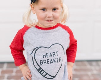 Heartbreaker Kids Funny Valentines Day Tee, Red and Gray Baseball Style Raglan TShirt, Cute Heart Break Kid Youth VDay T-Shirt for Child