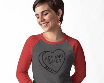 Hot and Spicy Baseball Tee, Funny Valentines Day T-Shirt, Red and Gray Raglan Style Shirt, Heart Candy Unisex V-Day Tee