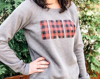 INDIANA Buffalo Plaid Wide Necked Sweatshirt. Womens Super Plush Soft Sweater. Hoosier Fall Style. Indiana gift for her