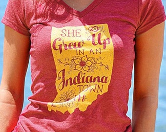 She Grew Up in an Indiana Town shirt, Indiana Girl Women's Red V-Neck Tee, Tom Petty Soft Style T-shirt, Indiana State Clothing Gift