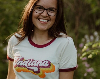 Retro Indiana Ringer Tee, Vintage Style Graphic Shirt, Cream Maroon Unisex T-Shirt, 70s Style Indiana Gift, Festival Summer Tee