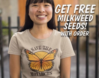 Save the Monarchs Butterfly Tee. Free Seeds. Unisex Retro Hippie TShirt. Mens/Womens Vintage Butterfly Lover Gift. Save the Pollinators.