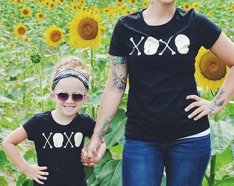 XOXO Skull Crossbones Girls Tee, Hugs Kisses Kids Shirt, Punk Goth Toddler Youth T-Shirt, Black Cotton Matching Family Valentines Gift