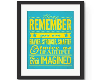 Always Remember You Are Braver, Stronger, Smarter & Twice as Beautiful Than Ever Imagined - Inspirational Quote Art : Typography Art Print