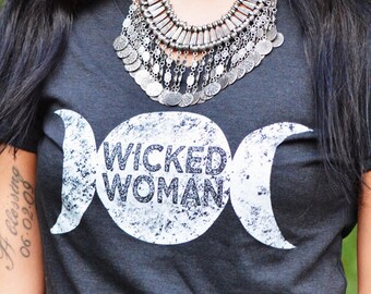 Triple Moon Goddess Tee, Witchy Lunar V-Neck Shirt, Wicked Woman Graphic T-Shirt, Astrology Moon Phase Tee, Charcoal Womens Witchy Gift