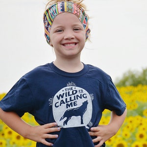 Wanderlust Kids Tee, The Wild is Calling Me Navy Blue Tshirt, Boy's & Girl's Outdoor T-Shirt Clothing Gift, Howl at the Moon Shirt for Kids image 3