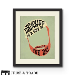 Ernest Hemingway Quote Art Print, &quot;Drinking is a Way of Ending the Day&quot; Wall Art, Literary Gift Under 20, Home Office or Bar Wall Decor