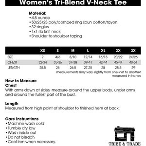 May include: A white graphic with the text "Women's Tri-Blend V-Neck Tee" and a size chart. The chart includes chest and length measurements in inches for sizes XS to 3X. Care instructions are also listed.