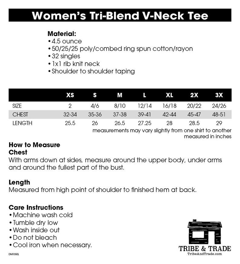 May include: A white graphic with the text "Women's Tri-Blend V-Neck Tee" and a size chart. The chart includes chest and length measurements in inches for sizes XS to 3X. Care instructions are also listed.