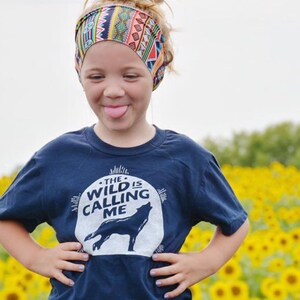 Wanderlust Kids Tee, The Wild is Calling Me Navy Blue Tshirt, Boy's & Girl's Outdoor T-Shirt Clothing Gift, Howl at the Moon Shirt for Kids image 2