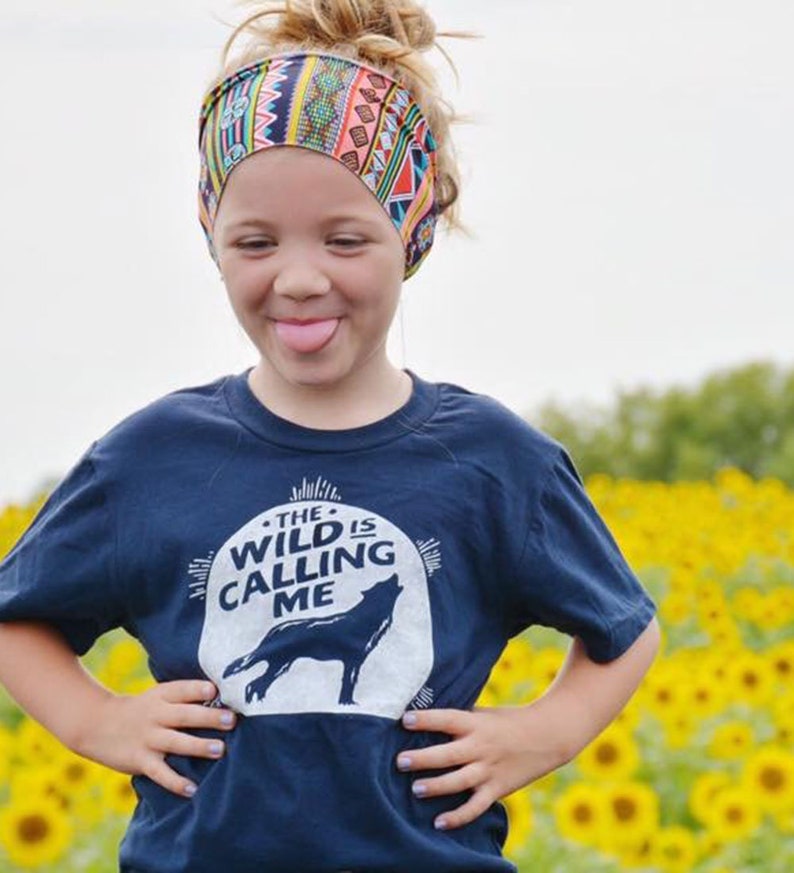 Wanderlust Kids Tee, The Wild is Calling Me Navy Blue Tshirt, Boy's & Girl's Outdoor T-Shirt Clothing Gift, Howl at the Moon Shirt for Kids image 2
