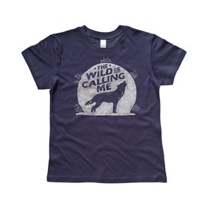 Wanderlust Kids Tee, The Wild is Calling Me Navy Blue Tshirt, Boy's & Girl's Outdoor T-Shirt Clothing Gift, Howl at the Moon Shirt for Kids image 5