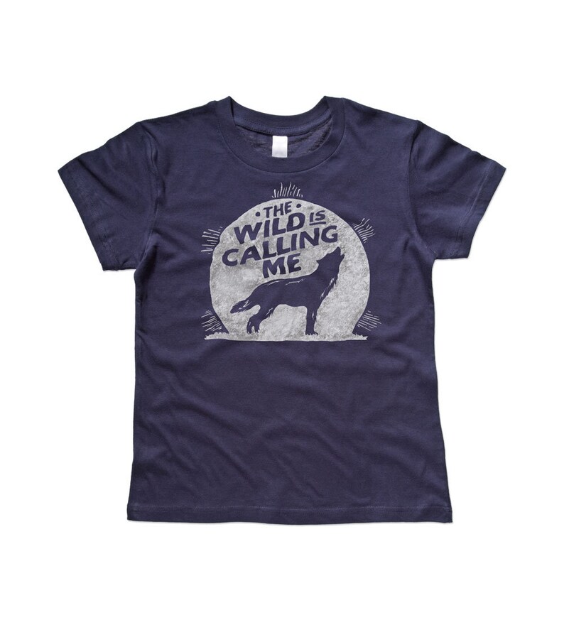 Wanderlust Kids Tee, The Wild is Calling Me Navy Blue Tshirt, Boy's & Girl's Outdoor T-Shirt Clothing Gift, Howl at the Moon Shirt for Kids image 5