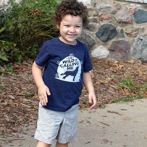 Wanderlust Kids Tee, The Wild is Calling Me Navy Blue Tshirt, Boy's & Girl's Outdoor T-Shirt Clothing Gift, Howl at the Moon Shirt for Kids image 4