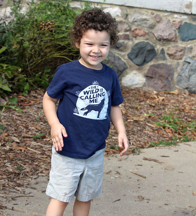 Wanderlust Kids Tee, The Wild is Calling Me Navy Blue Tshirt, Boy's & Girl's Outdoor T-Shirt Clothing Gift, Howl at the Moon Shirt for Kids image 4