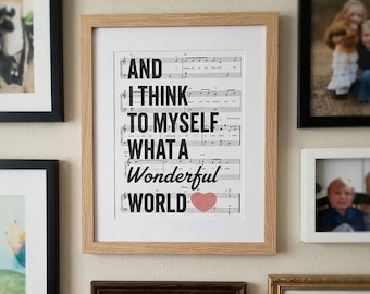 Wonderful World Sheet Music Print, Louis Armstrong Lyrics Wall Art, What a Wonderful World, Wedding Song, Anniversary Gift