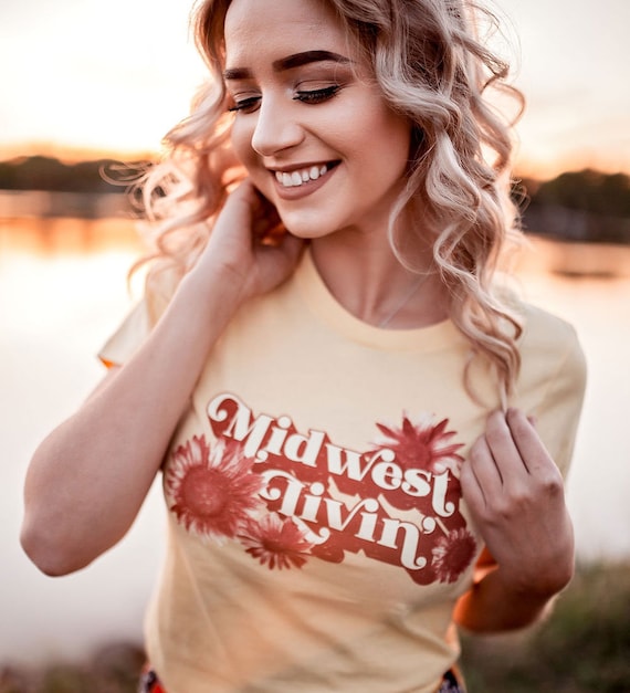 Midwest Livin' Vintage Pale Yellow Tee. Midwest Girl Women's