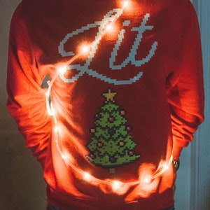 Ugly Christmas Sweater, Funny Retro Lit Christmas Tree Sweatshirt, 8 Bit Holiday Xmas Party Crewneck Shirt, Men's or Women's Fleece Pullover image 3