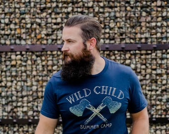Wild Child Summer Camp, Navy Blue Unisex Hatchet Graphic Shirt, Vintage Distressed Adventure Tee, Camping Gift for Men, Nature Lover Shirt