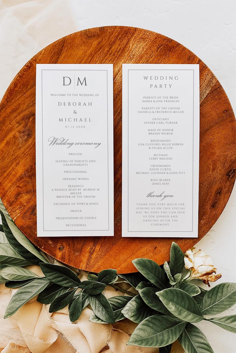 Elegant Wedding Program Template Minimalist Order of Service Printable