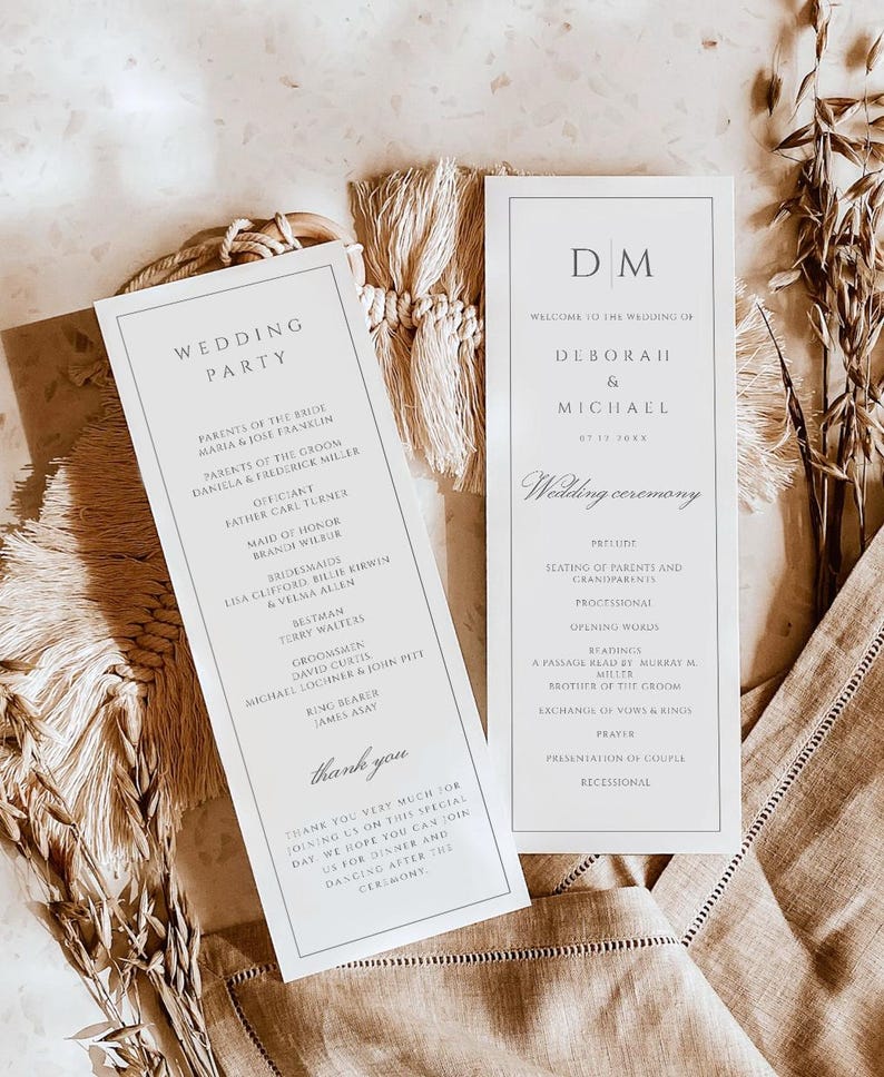 Elegant Wedding Program Template Minimalist Order of Service Printable