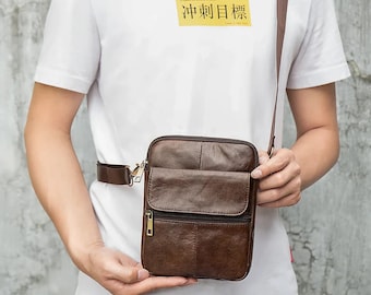 Men Genuine Leather Shoulder Bag, Men's Retro Messenger Bag, Crossbody Bag, Mobile Phone Pocket Bag, Handbag Bag Gift for Wedding Birthday