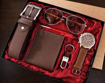 Executive Essentials: 6-in-1-Geschenkset für Herren/Luxury Company Herren-Set, 6-in-1-Uhr, Brille, Stift, Schlüsselanhänger, Gürtel, Geldbörse, Willkommen, Feiertag, Geburtstag