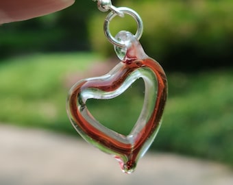 Glass Love Heart Earrings, Sterling Silver Ear Wires, Lampwork Glass Art Heart Drop Earrings, Dainty Glass Red Heart Earrings, Gift for Her
