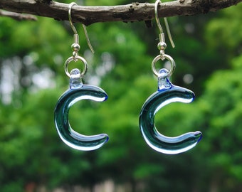 Glass Blue Moon Earrings, Sterling Silver Ear Wires, Lampwork Glass Art Crescent Moon Drop Earrings, New Moon Earrings, Celestial Jewelry