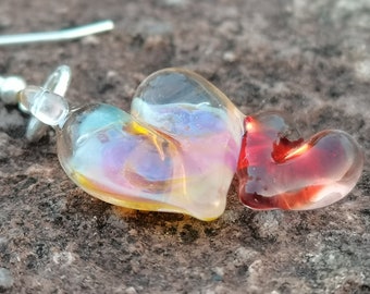 Glass Double Heart Earrings, Sterling Silver Ear Wires, Unique Heart Linked to Heart Earrings, Dichroic Glass Two Love Hearts Drop Earrings