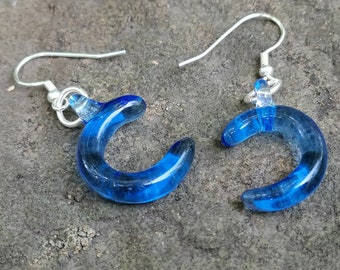 Glass Blue Moon Earrings, Sterling Silver Ear Wires, Lampwork Glass Art Crescent Moon Drop Earrings, New Moon Earrings, Celestial Jewelry