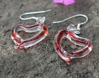 Glass Love Heart Earrings, Sterling Silver Ear Wires, Lampwork Glass Art Heart Drop Earrings, Dainty Glass Red Heart Earrings, Gift for Her