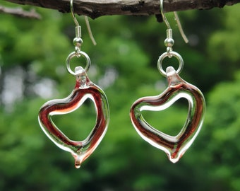 Glass Love Heart Earrings, Sterling Silver Ear Wires, Lampwork Glass Art Heart Drop Earrings, Dainty Glass Red Heart Earrings, Gift for Her