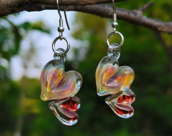 Glass Double Heart Earrings, Sterling Silver Ear Wires, Unique Heart Linked to Heart Earrings, Dichroic Glass Two Love Hearts Drop Earrings