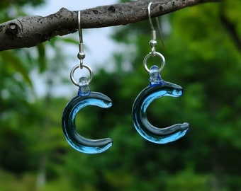 Glass Blue Moon Earrings, Sterling Silver Ear Wires, Lampwork Glass Art Crescent Moon Drop Earrings, New Moon Earrings, Celestial Jewelry