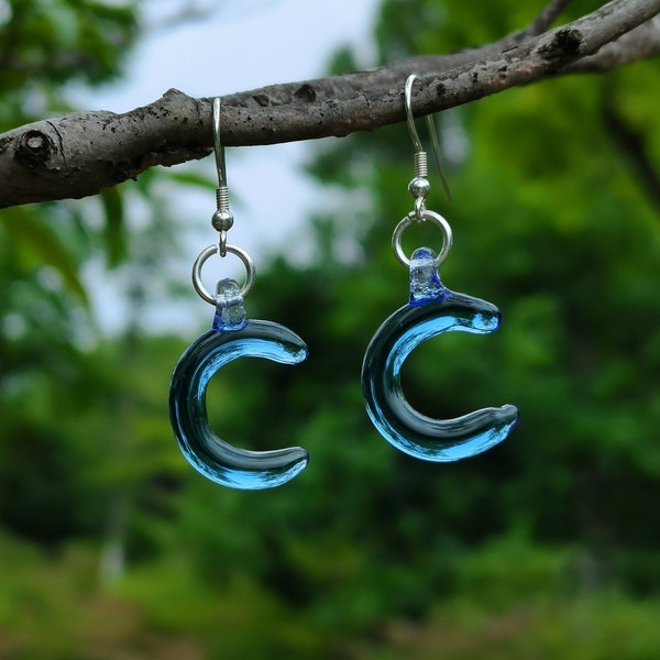 Glass Blue Moon Earrings, Sterling Silver Ear Wires, Lampwork Glass Art Crescent Moon Drop Earrings, New Moon Earrings, Celestial Jewelry