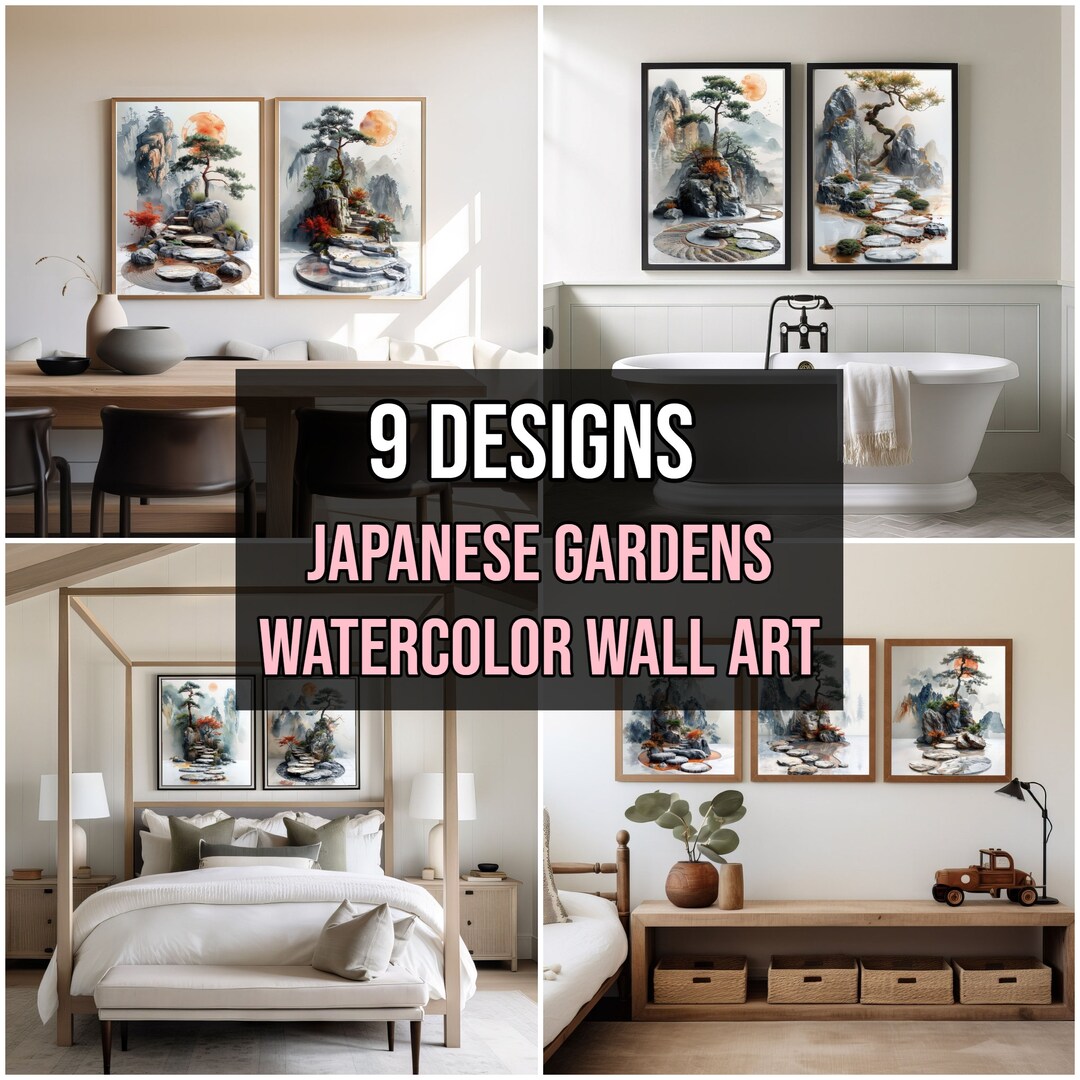 Japanese Gardens Wall Art Set of 9, Japan Watercolor Print, Printable