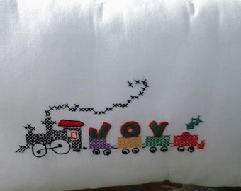 Hand Cross-Stitch Joy Train Pillow