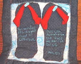 Flip Flops in the Clouds, Hand Quilted, Hand Embroidered 3D Wall Hanging by Rokstudy, Ju's Creations. Free Shipping.