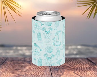 Spooky Summerween Can Cooler: Skeleton Beach Drink Sleeve