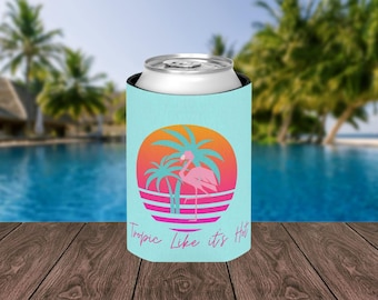Retro Flamingo Can Cooler: 80s Neon Drink Sleeve