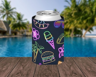 Neon 80s Can Cooler: Retro Beach Party Drink Sleeve