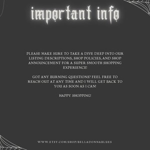 May include: A dark gray informational graphic with white text reading "important info," followed by instructions to review listing descriptions and shop policies. The design features white spider web illustrations in the corners and hanging spiders.