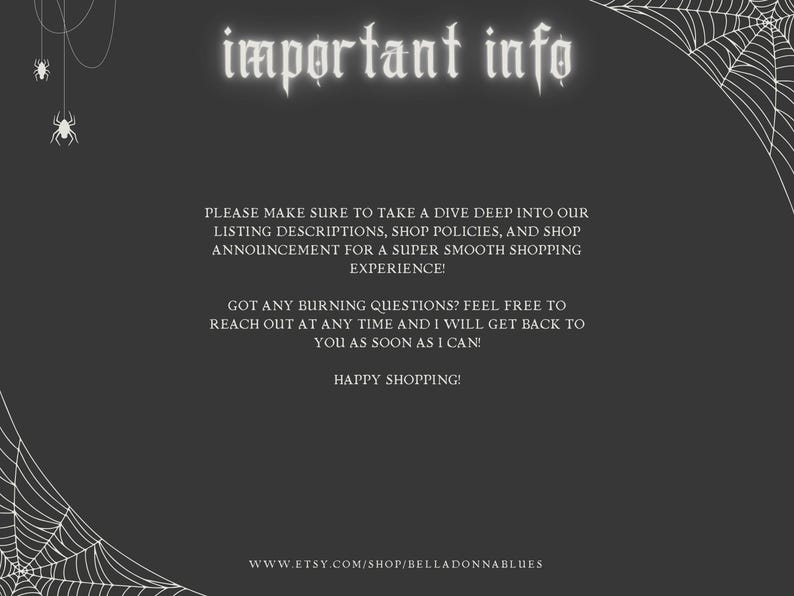 May include: A dark gray informational graphic with white text reading "important info," followed by instructions to review listing descriptions and shop policies. The design features white spider web illustrations in the corners and hanging spiders.