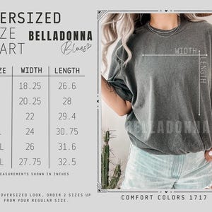 May include: An oversized size chart for Belladonna Blues t-shirts, listing widths and lengths in inches for sizes S through 3XL. A charcoal grey t-shirt is shown with white lines indicating width and length measurements for the garment.