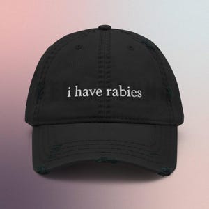 May include: A black distressed baseball cap with the text "i have rabies" embroidered in white on the front.